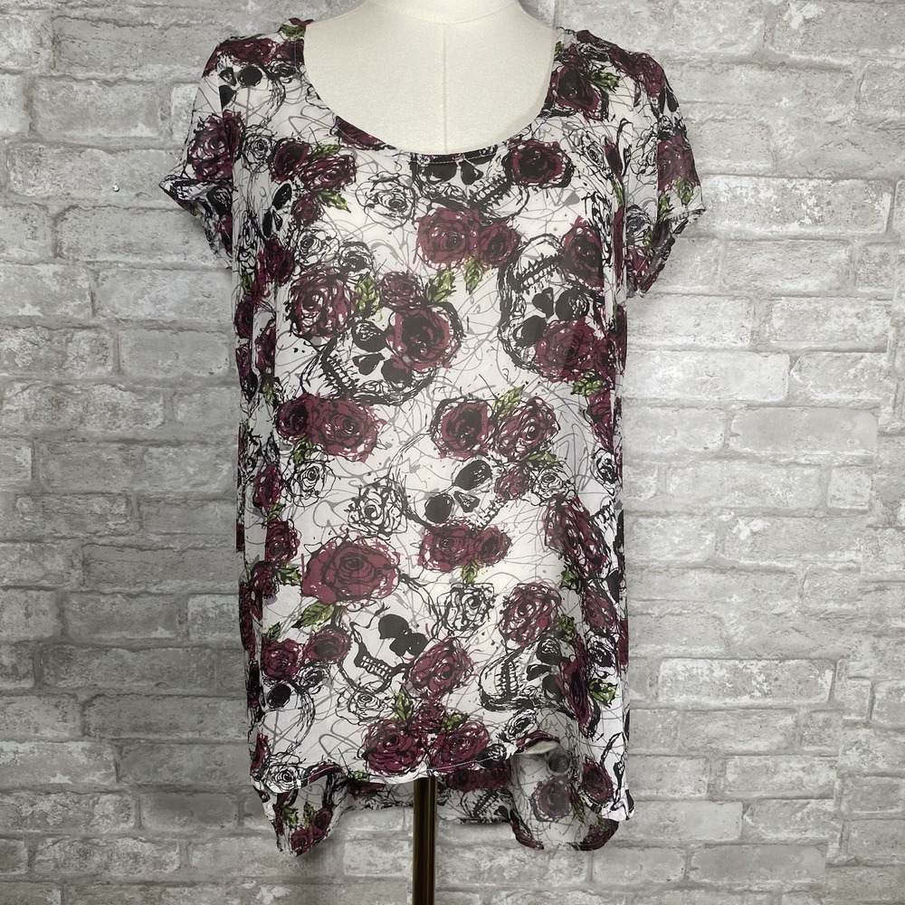 Hot Topic Sheer Blouse skull & rose pattern High-low Top Size Small Goth Emo